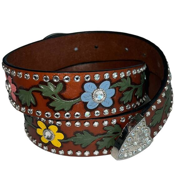 3-D Rhinestone Hand Tooled Hand Painted Leather Belt Bling Buckle Retro 38 main image 13